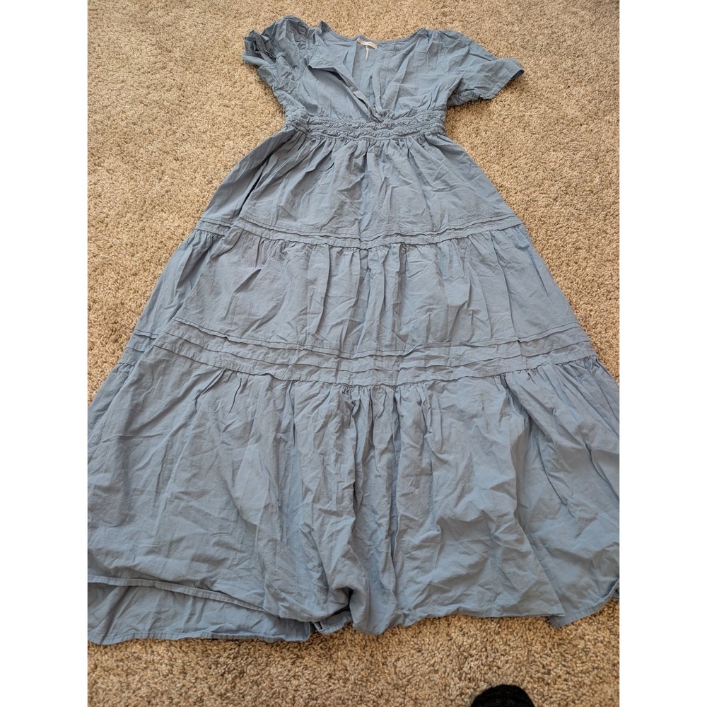 Stitchdrop Womens Blue Cotton Tiered Midi Dress Smocked Waist V-Neck Size M